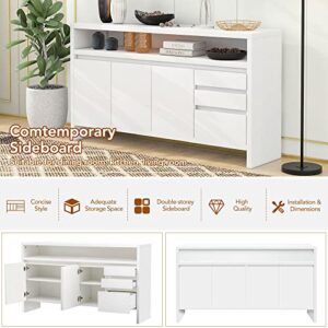 VZADGWA Modern Sideboard Buffet Storage Cabinet with Drawers & Adjustable Shelves, Free Standing Cabinet Kitchen Console Table for Dining Living Room, Entryway, MDF, White