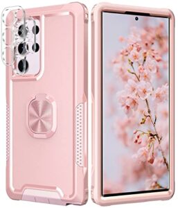 bizzib for samsung galaxy s23 ultra case heavy duty full body shockproof kickstand with 360° ring holder support car mount hybrid bumper silicone hard back cover with 2 pack hd len protector rose gold