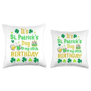 St Patricks Day Shamrocks Beer & Cake It's St Patrick Day & My 50th Birthday Throw Pillow, 18x18, Multicolor