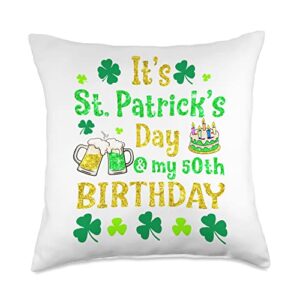 st patricks day shamrocks beer & cake it's st patrick day & my 50th birthday throw pillow, 18x18, multicolor