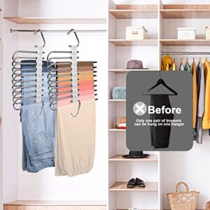 2PC Upgrade 9 Layers Pants Hangers Space Saving, Multifunctional Non Slip Pants Rack for Closet Organizers Storage with Hooks, for Jeans,Leggings,Trousers Skirts, College Dorm Room Essentials