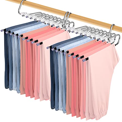 2PC Upgrade 9 Layers Pants Hangers Space Saving, Multifunctional Non Slip Pants Rack for Closet Organizers Storage with Hooks, for Jeans,Leggings,Trousers Skirts, College Dorm Room Essentials