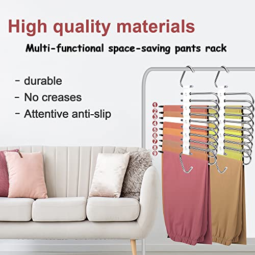 2PC Upgrade 9 Layers Pants Hangers Space Saving, Multifunctional Non Slip Pants Rack for Closet Organizers Storage with Hooks, for Jeans,Leggings,Trousers Skirts, College Dorm Room Essentials