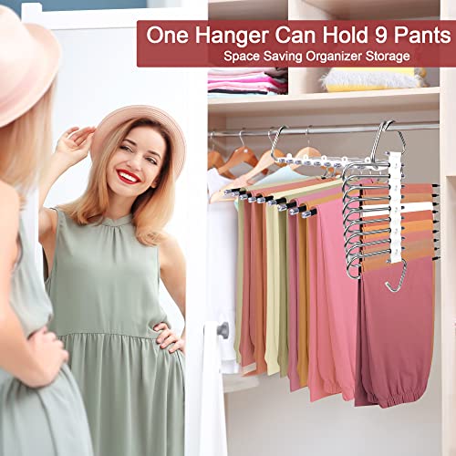 2PC Upgrade 9 Layers Pants Hangers Space Saving, Multifunctional Non Slip Pants Rack for Closet Organizers Storage with Hooks, for Jeans,Leggings,Trousers Skirts, College Dorm Room Essentials