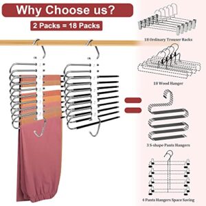 2PC Upgrade 9 Layers Pants Hangers Space Saving, Multifunctional Non Slip Pants Rack for Closet Organizers Storage with Hooks, for Jeans,Leggings,Trousers Skirts, College Dorm Room Essentials