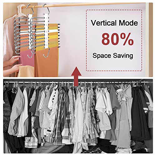 2PC Upgrade 9 Layers Pants Hangers Space Saving, Multifunctional Non Slip Pants Rack for Closet Organizers Storage with Hooks, for Jeans,Leggings,Trousers Skirts, College Dorm Room Essentials