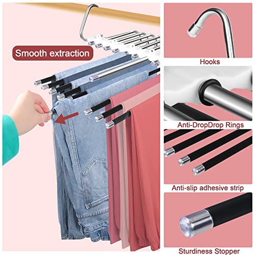 2PC Upgrade 9 Layers Pants Hangers Space Saving, Multifunctional Non Slip Pants Rack for Closet Organizers Storage with Hooks, for Jeans,Leggings,Trousers Skirts, College Dorm Room Essentials
