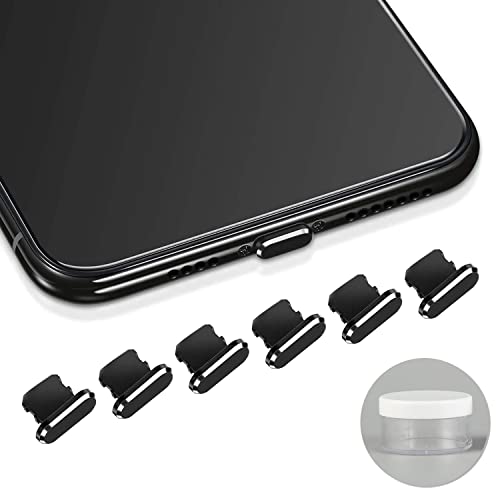 6-Pack Aluminum Anti-Dust Plugs for iPhone 13 12 Pro Max 11 XR XS 7 8 Plus Airpods Dust Cover for Lightning Charging Port with Mini Storage Case (Black)