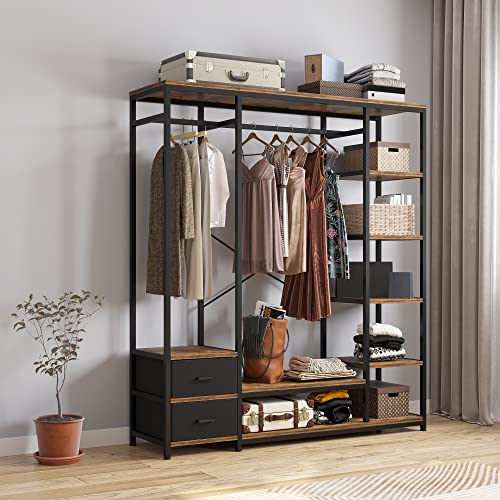 BNSPLY Heavy Duty Clothes Rack with 6 Tier Shelves, Free Standing Garment Rack Clothing Rack with Hanging Rod and 2 Drawers for Hanging Clothes, Industrial Metal Wardrobe Closet Organizer for Bedroom