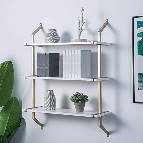 PIBM Stylish Simplicity Shelf Wall Mounted Floating Rack Shelves Simple Iron Art Solid Wood Bedroom Bookshelf Living Room Bearing Strong,2 Colours,4 Sizes, Golden Border , 60x26x74cm