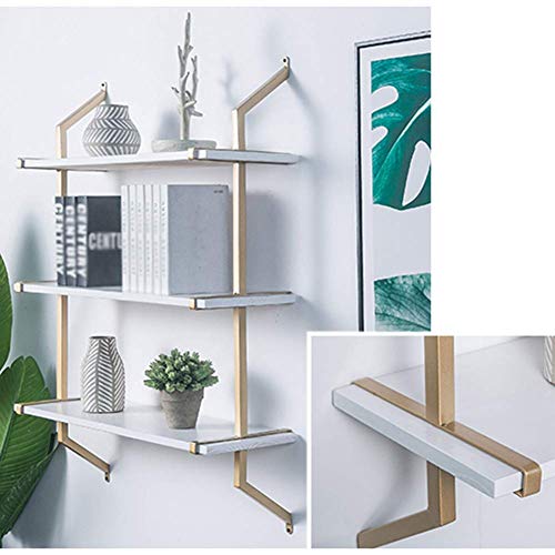 PIBM Stylish Simplicity Shelf Wall Mounted Floating Rack Shelves Simple Iron Art Solid Wood Bedroom Bookshelf Living Room Bearing Strong,2 Colours,4 Sizes, Golden Border , 60x26x74cm