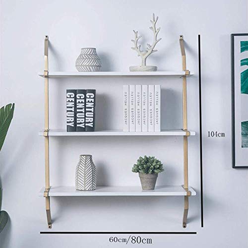 PIBM Stylish Simplicity Shelf Wall Mounted Floating Rack Shelves Simple Iron Art Solid Wood Bedroom Bookshelf Living Room Bearing Strong,2 Colours,4 Sizes, Golden Border , 60x26x74cm