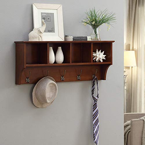 PIBM Stylish Simplicity Shelf Wall Mounted Floating Rack Wooden Wooden Storage Shelves Collection 4 Hooks/ 5 Hooks,2 Colors Avaliable, Brown , 85X35X18cm