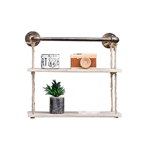 PIBM Stylish Simplicity Shelf Wall Mounted Floating Rack Wooden Industrial Style Water Pipe Hemp Rope Shop Shelf Retro,6 Sizes,2/3 Layers, a , 62.5X18X52CM