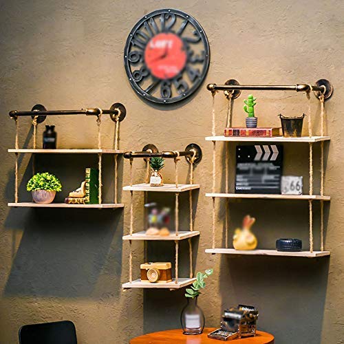 PIBM Stylish Simplicity Shelf Wall Mounted Floating Rack Wooden Industrial Style Water Pipe Hemp Rope Shop Shelf Retro,6 Sizes,2/3 Layers, a , 62.5X18X52CM