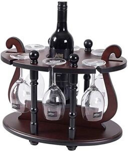 pibm stylish simplicity wine racks free standing wine glass holder，round ding，solid wood creative wine display with 6 glass rack amp; 1 bottle holder for bar wine cellar wine cooler etc（40x26x32cm）