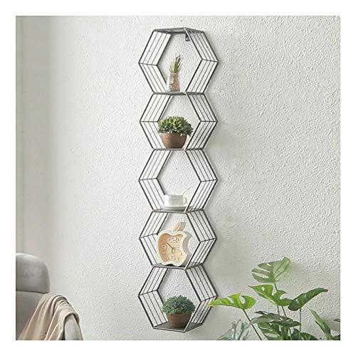 PIBM Stylish Simplicity Shelf Wall Mounted Floating Rack Shelves Metal Iron Art Hexagon Lattice Decoration Flower Pot Holder Simple Sturdy,5 Layers 2 Size, Black , 28.5x20x121cm