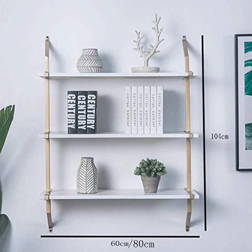 PIBM Stylish Simplicity Shelf Wall Mounted Floating Rack Shelves Simple Iron Art Solid Wood Bookshelf Living Room Bearing Strong,2 Colours,4 Sizes, Golden Border , 60x26x104cm