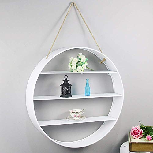 PIBM Stylish Simplicity Shelf Wall Mounted Floating Rack Shelves American Style Iron Art Round Hemp Rope Sofa Background Bookshelf Coffee Shop,3 Layers, White , Diameter 70 cm