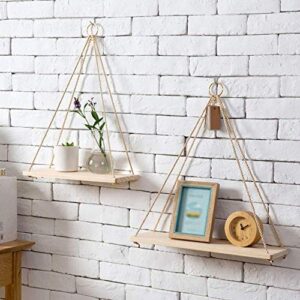 PIBM Stylish Simplicity Shelf Wall Mounted Floating Rack Shelves Hemp Rope Solid Wood Flower Pot Storage Decoration,2 Sizes, Wood Color , 45x14cm