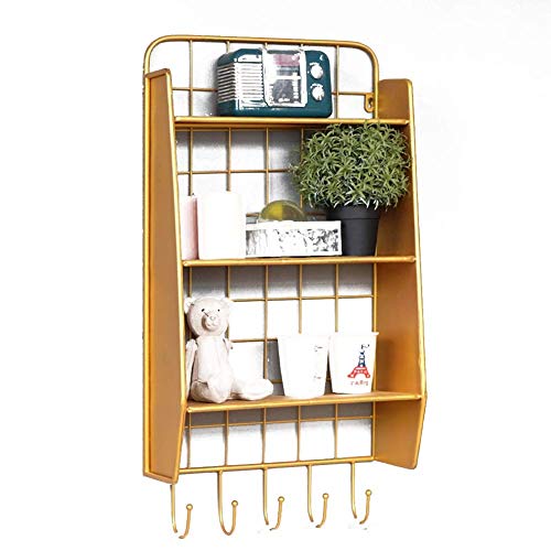 PIBM Stylish Simplicity Shelf Wall Mounted Floating Rack Shelves Retro Iron Art Hook up Coffee Shop Bar Household,3 Layers,3 Colors, Gold , 40x22x75cm