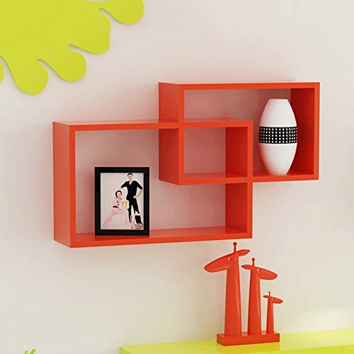 PIBM Stylish Simplicity Shelf Wall Mounted Floating Rack Wooden Background Wall Shelves Storage Wooden Living Room,Length 40Cm / 32Cm,3 Colors Avaliable, Red