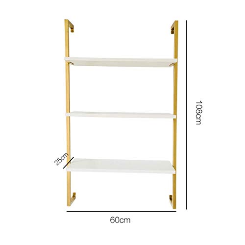 PIBM Stylish Simplicity Shelf Wall Mounted Floating Rack Shelves Solid Wood Iron Art Simple Modern Storage Bookshelf Living Room Multi-Layer,3 Sizes, Gold , B60X25X108CM