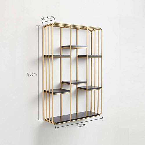 PIBM Stylish Simplicity Shelf Wall Mounted Floating Rack Shelves Simple Rectangle Iron Art Wooden Bedroom Bookshelf Lattice,4 Layers, Gold , 60x16.5x90cm