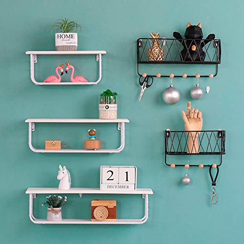 PIBM Stylish Simplicity Shelf Wall Mounted Floating Rack Shelves Iron Art Solid Wood Simple Storage Dormitory Bearing Strong,2 Colours,3 Sizes, White , 34x12x14.3cm