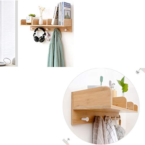 PIBM Stylish Simplicity Shelf Wall Mounted Floating Rack Wooden Solid Wood Shelves Storage Books Living Room 5 Hooks,63X15.1X20Cm,2 Colors Avaliable, Wood Color