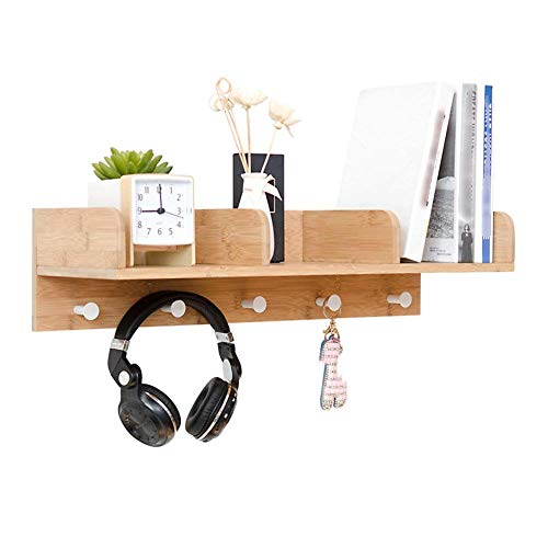 PIBM Stylish Simplicity Shelf Wall Mounted Floating Rack Wooden Solid Wood Shelves Storage Books Living Room 5 Hooks,63X15.1X20Cm,2 Colors Avaliable, Wood Color