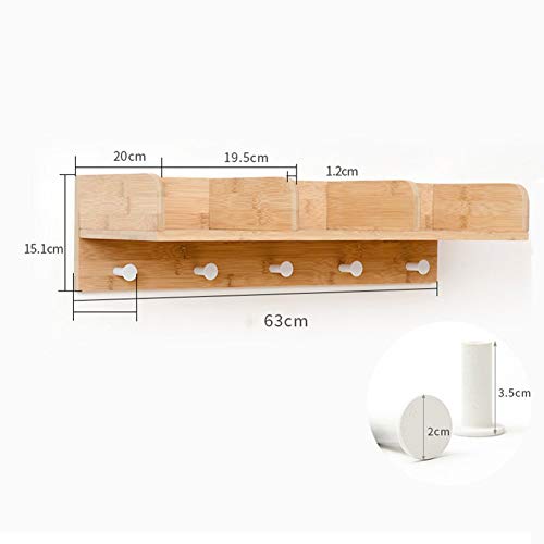 PIBM Stylish Simplicity Shelf Wall Mounted Floating Rack Wooden Solid Wood Shelves Storage Books Living Room 5 Hooks,63X15.1X20Cm,2 Colors Avaliable, Wood Color