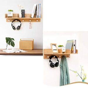 PIBM Stylish Simplicity Shelf Wall Mounted Floating Rack Wooden Solid Wood Shelves Storage Books Living Room 5 Hooks,63X15.1X20Cm,2 Colors Avaliable, Wood Color