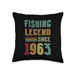 60th birthday gifts for men fishing legend 1963 60th birthday fisherman retro vintage 1963 60 years fishing throw pillow, 16x16, multicolor