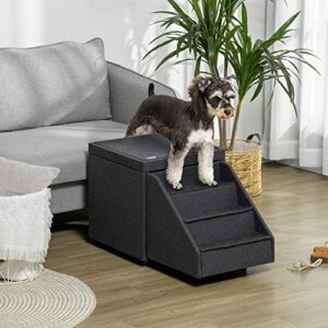 PawHut 2-in-1 Cat & Dog Steps for Bed, Living Room Storage & Footrest, Cat & Dog Stairs for Small and Medium Dogs, Pet Steps Storage Ottoman, Cat Stairs for Old Cats and Large Cats, Gray