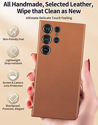 DDJ Samsung Galaxy S23 Ultra Case, Thin Full Leather Wrap, Shockproof, Classic Slim Design, Raised Screen & Camera Protection, Brown