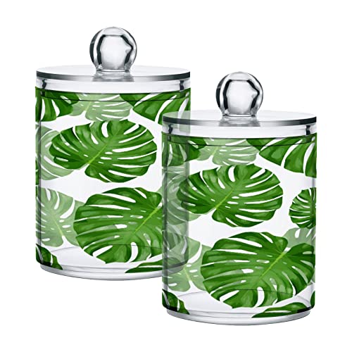 Kigai Tropical Palm Leaves Qtip Holder Dispenser - 14OZ Clear Plastic Apothecary Jars Food Storage Jar with Lids Bathroom Canister Organizer for Coffee, Tea, Candy, Floss (2Pack)