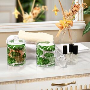 Kigai Tropical Palm Leaves Qtip Holder Dispenser - 14OZ Clear Plastic Apothecary Jars Food Storage Jar with Lids Bathroom Canister Organizer for Coffee, Tea, Candy, Floss (2Pack)