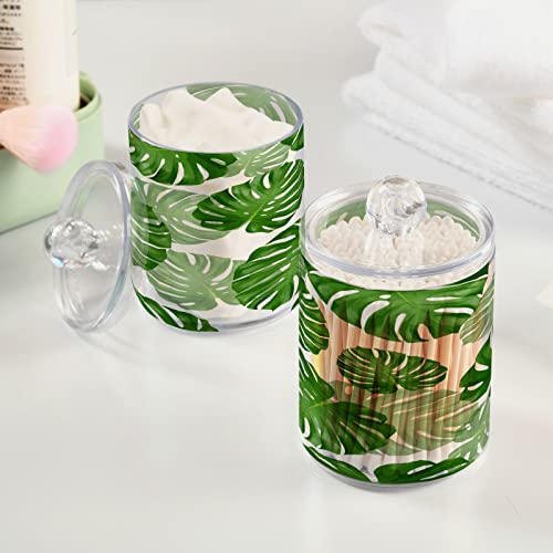 Kigai Tropical Palm Leaves Qtip Holder Dispenser - 14OZ Clear Plastic Apothecary Jars Food Storage Jar with Lids Bathroom Canister Organizer for Coffee, Tea, Candy, Floss (2Pack)