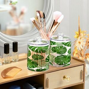 Kigai Tropical Palm Leaves Qtip Holder Dispenser - 14OZ Clear Plastic Apothecary Jars Food Storage Jar with Lids Bathroom Canister Organizer for Coffee, Tea, Candy, Floss (2Pack)