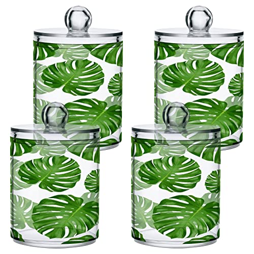 Kigai Tropical Palm Leaves Qtip Holder Dispenser - 14OZ Clear Plastic Apothecary Jars Food Storage Jar with Lids Bathroom Canister Organizer for Coffee, Tea, Candy, Floss (2Pack)