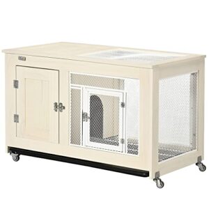 pawhut small rabbit hutch indoor bunny cage on wheels, rabbit habitat with tough pinewood, openable top, rabbit cage inside, 37.5" x 21" x 24.5"