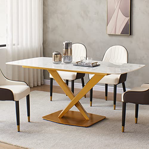 Runboll Rectangular Dinner Table with Stainless Steel Base 63" Modern Artificial Stone Mid-Century Kitchen Dining Room Table