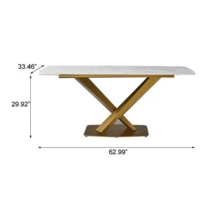 Runboll Rectangular Dinner Table with Stainless Steel Base 63" Modern Artificial Stone Mid-Century Kitchen Dining Room Table