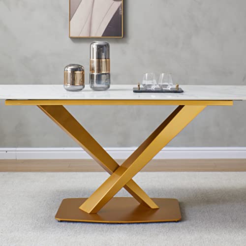 Runboll Rectangular Dinner Table with Stainless Steel Base 63" Modern Artificial Stone Mid-Century Kitchen Dining Room Table
