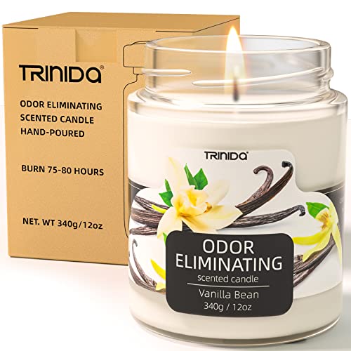 TRINIDa Vanilla Bean Odor Eliminating Candles for Home Scented, Eliminates 99% of Pet, Smoke, Food and Other Smell Quickly, Highly Fragranced Scented Candle, Premium Soy Candle Gift Set for Women