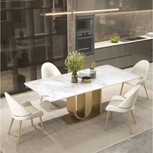 marble dining table set for 6-8 with 6 chairs gold u-shaped base, stone top dining table 71" l x35.5 wx 29.5" h, marble top dining table gold metal with white chairs