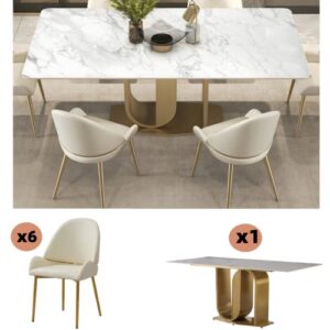 Marble Dining Table Set for 6-8 with 6 Chairs Gold U-Shaped Base, Stone Top Dining Table 71" L X35.5 WX 29.5" H, Marble Top Dining Table Gold Metal with White Chairs