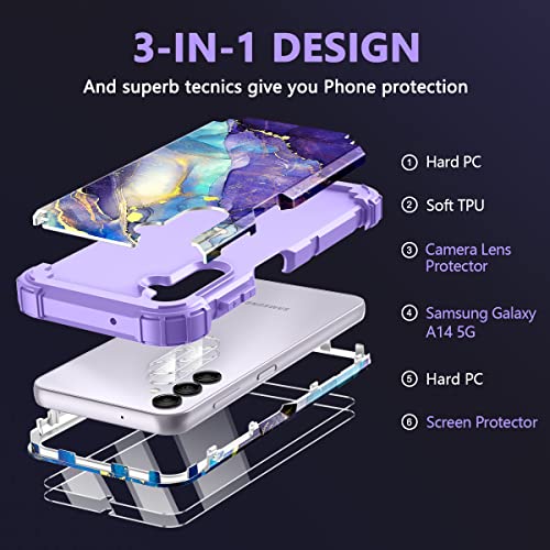Rancase for Galaxy A14 5G Case,[2 Tempered Glass Screen Protector + 2 Camera Lens Protector ] Three Layer Heavy Duty Shockproof Hard Plastic+Soft Protective Case for Samsung Galaxy A14 5G,Purple