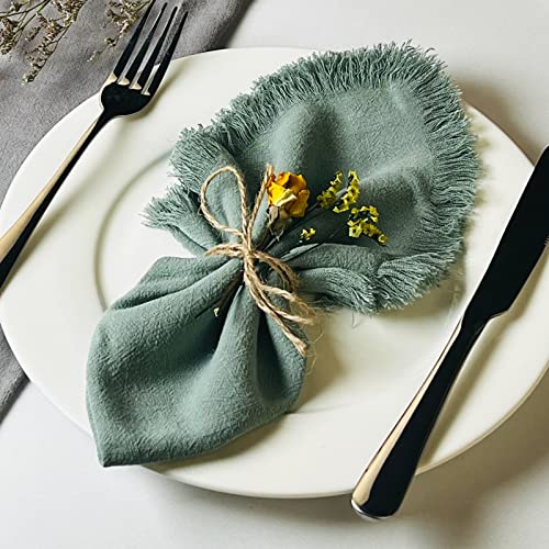 Dololoo Handmade Cloth Napkins Cotton Linen with Fringe, 18 x 18 Inches Summer Cooling Lightweight Napkin Set of 4 Versatile Square Rustic Fringe Napkins for Dinner, Wedding and Parties, Sage